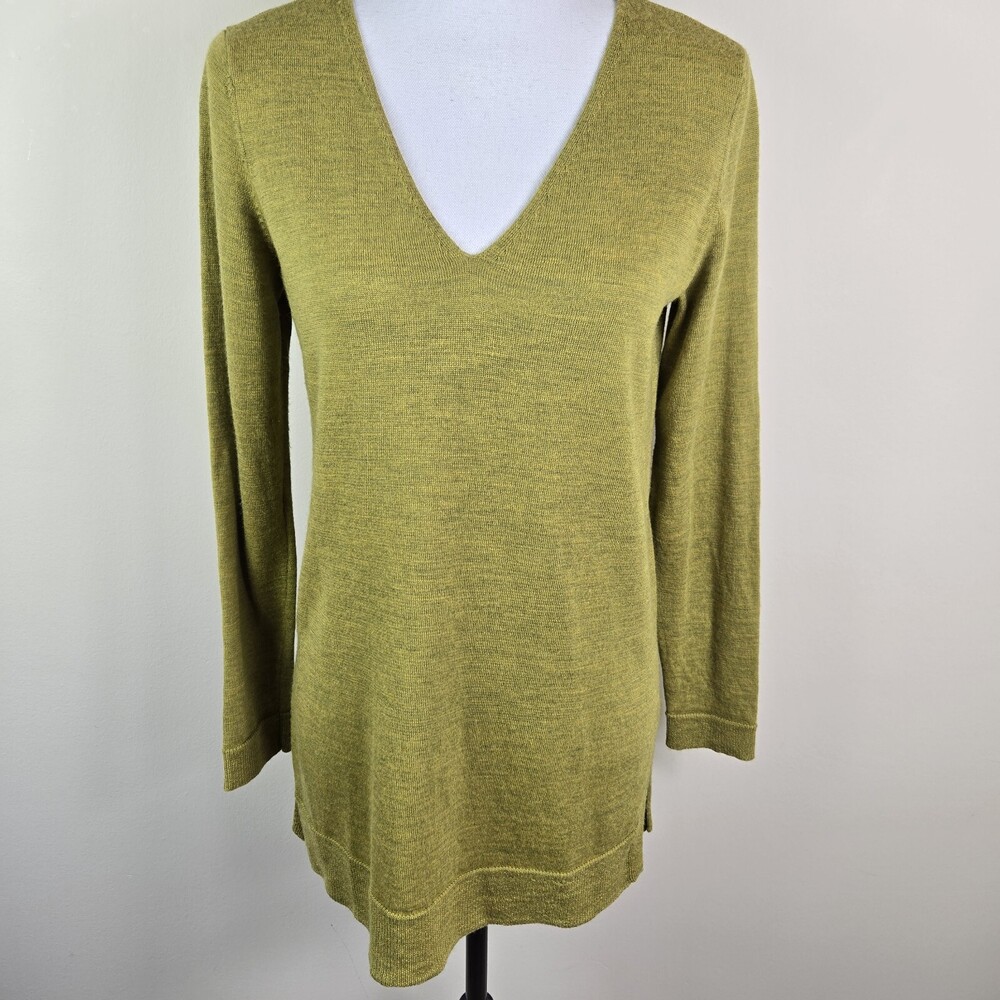 Eileen Fisher Womens Sweater S Green Yellowish V Neck Merino Wool Lightweight